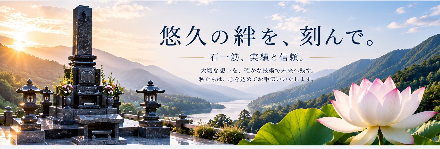 山と湖を望む墓石と蓮の花